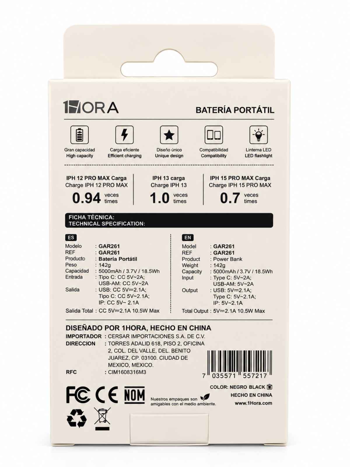 Batería Portátil Power Bank 1HORA 5000mAh 10.5W con Cables Integrados