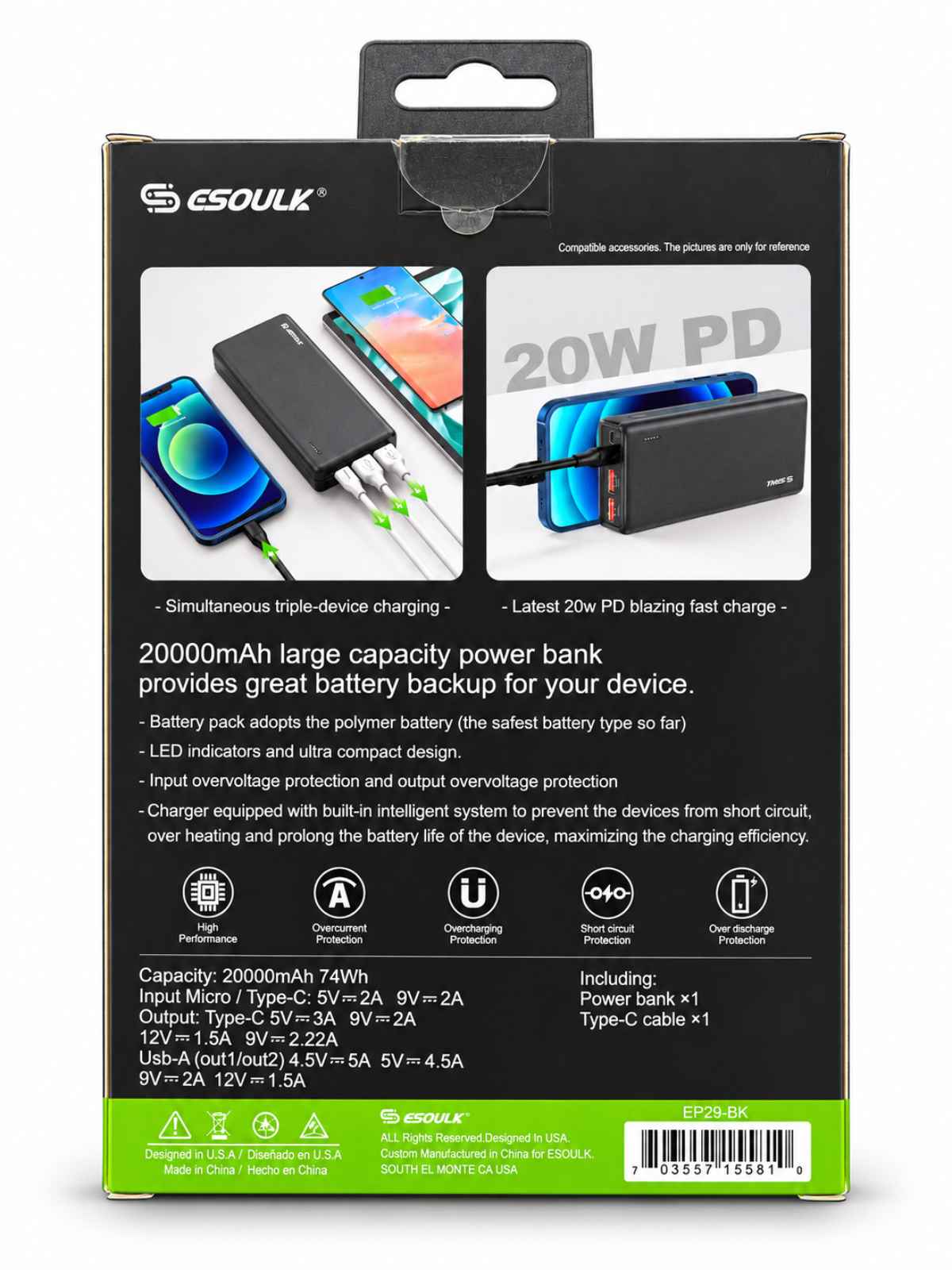 Batería Externa ESOULK 20,000 mAh Carga Rápida 22.5W