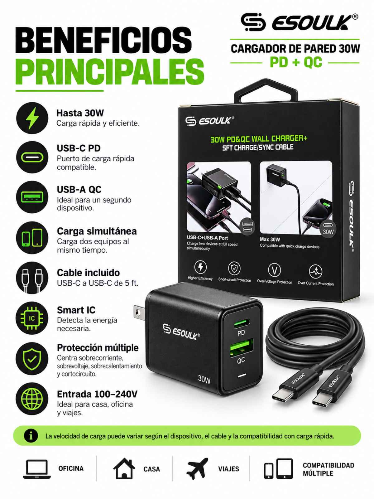Cargador de Pared Esoulk 30W PD + QC con Cable USB-C a USB-C