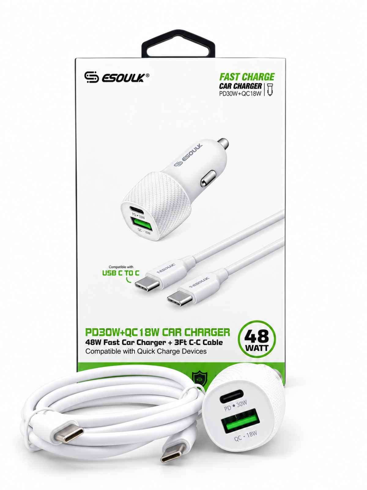 Cargador de Auto Esoulk 48W PD 30W + QC 18W con Cable USB-C a USB-C