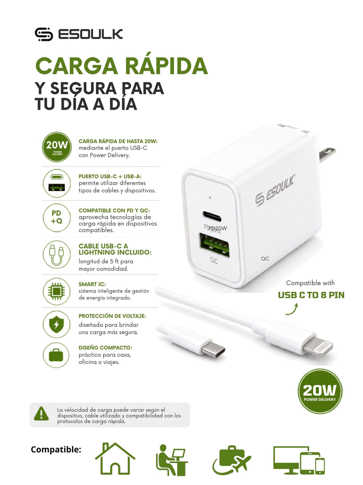 Cargador de Pared 20W PD + Cable USB-C a Lightning | Esoulk