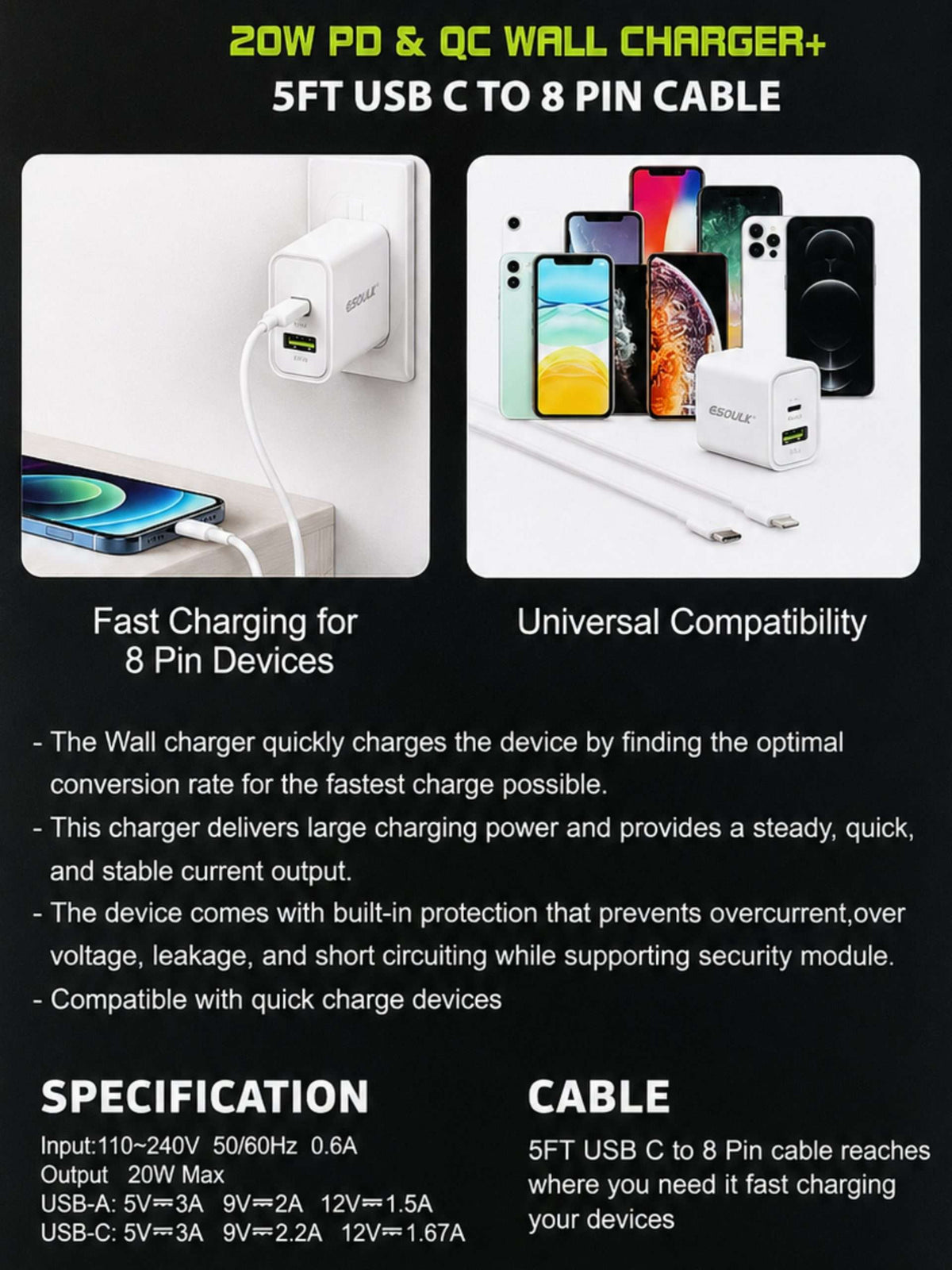Cargador de Pared 20W PD + Cable USB-C a Lightning | Esoulk