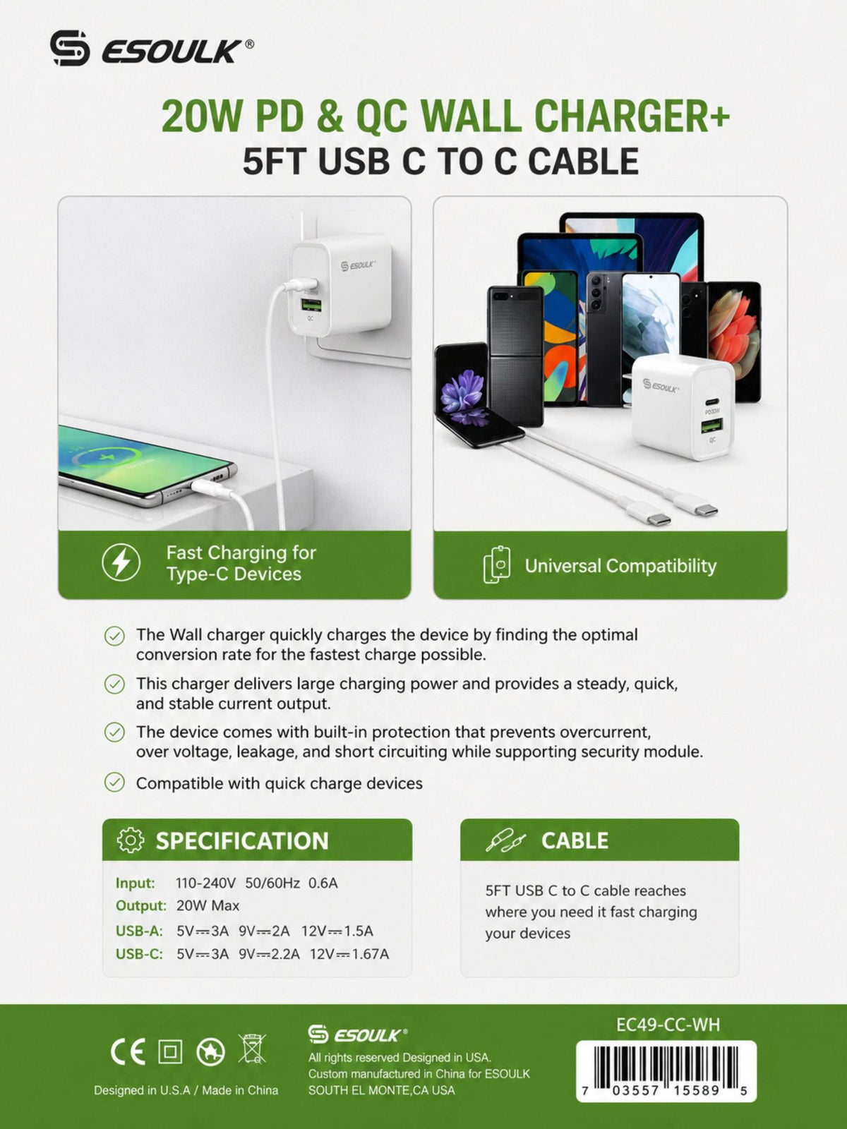 Cargador de Pared 20W PD + Cable USB-C a USB-C | Esoulk