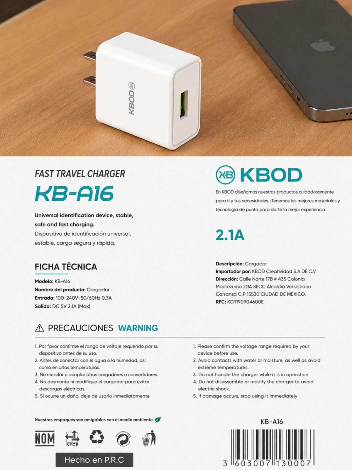Cargador de Pared 2.1A + Cable Micro USB | KBOD