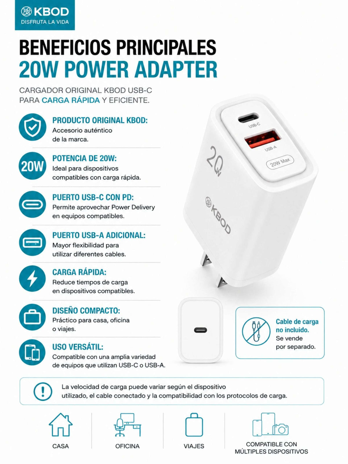 Cargador de Pared 20W PD con USB-C + USB-A | KBOD