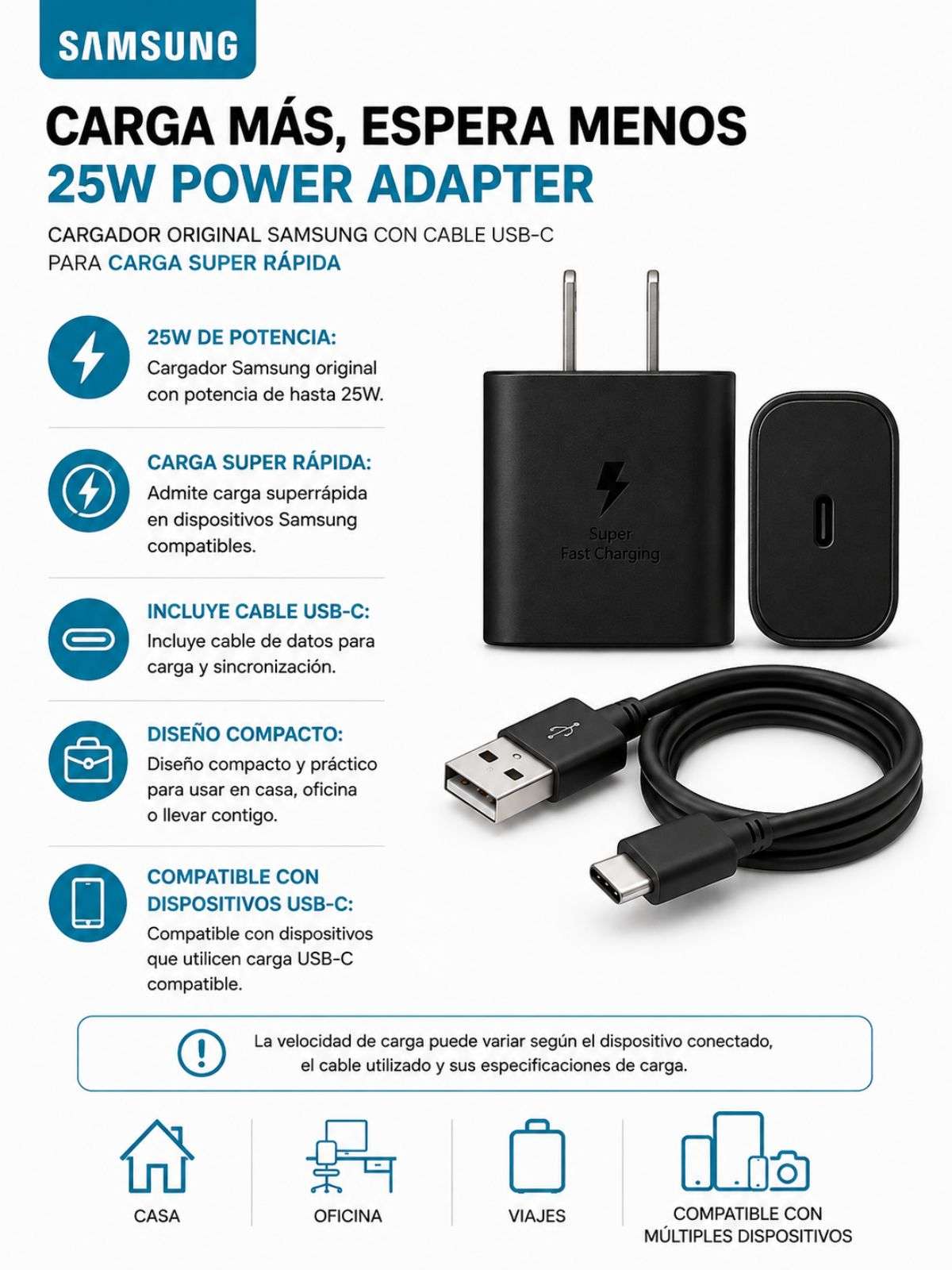 Cargador Samsung original de 25W con cable de datos
