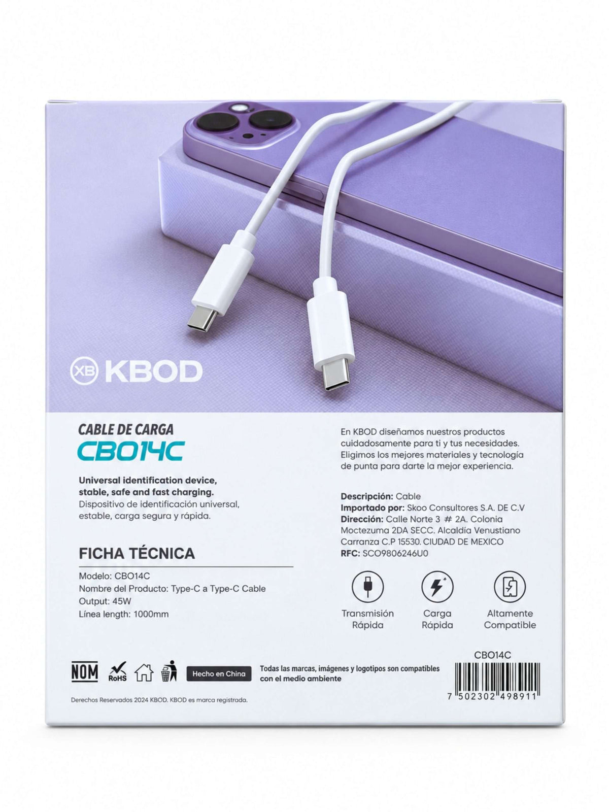 Cable USB-C a USB-C 45W 1 m | KBOD