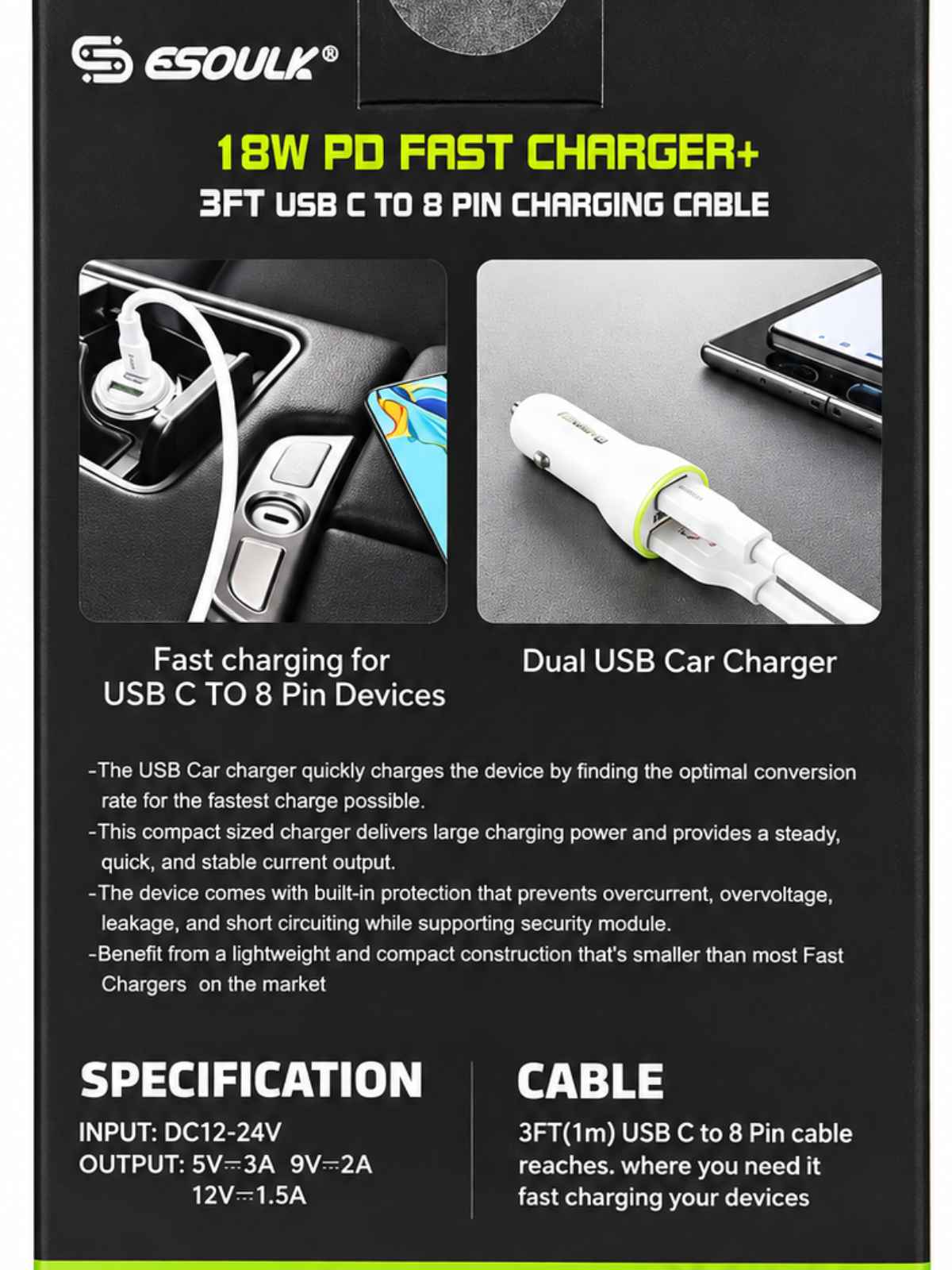 Cargador de Auto Esoulk 18W PD + USB-A 2.4A con Cable USB-C a Lightning
