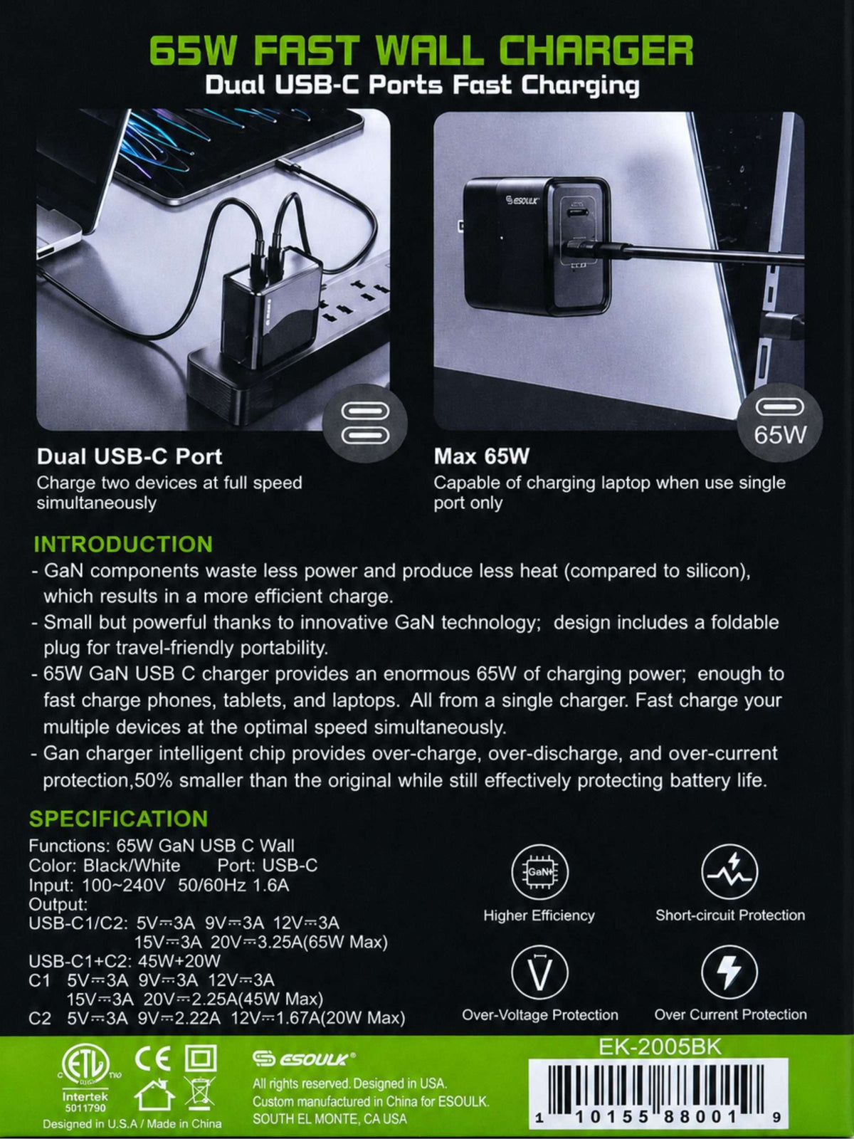 Cargador GaN 65W de 2 Puertos USB-C | Esoulk