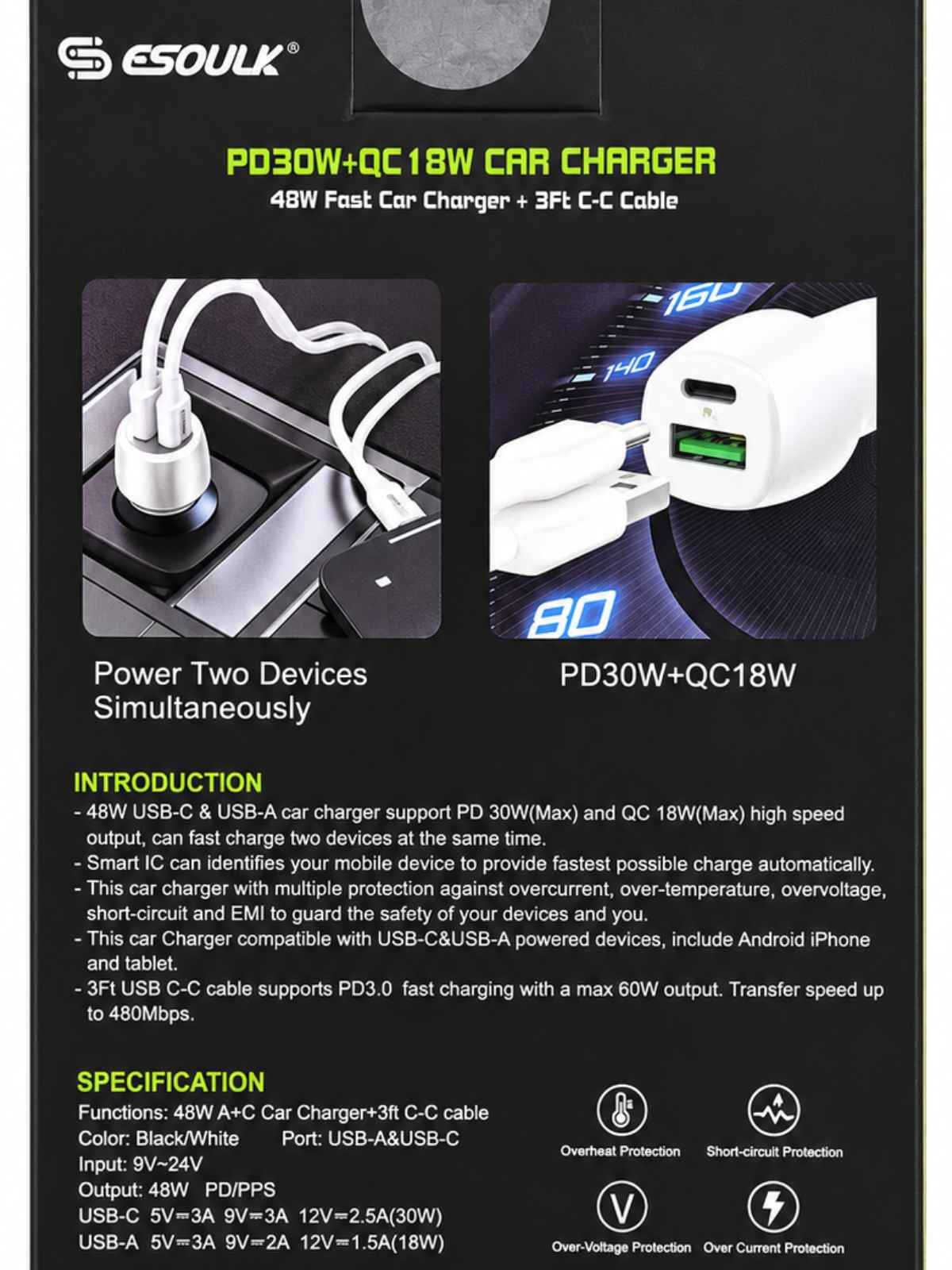 Cargador de Auto Esoulk 48W PD 30W + QC 18W con Cable USB-C a USB-C