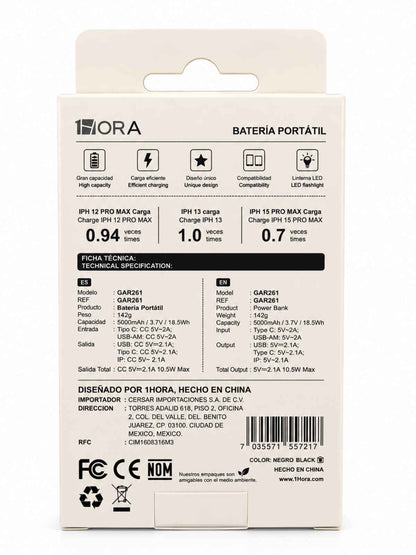 Batería Portátil Power Bank 1HORA 5000mAh 10.5W con Cables Integrados