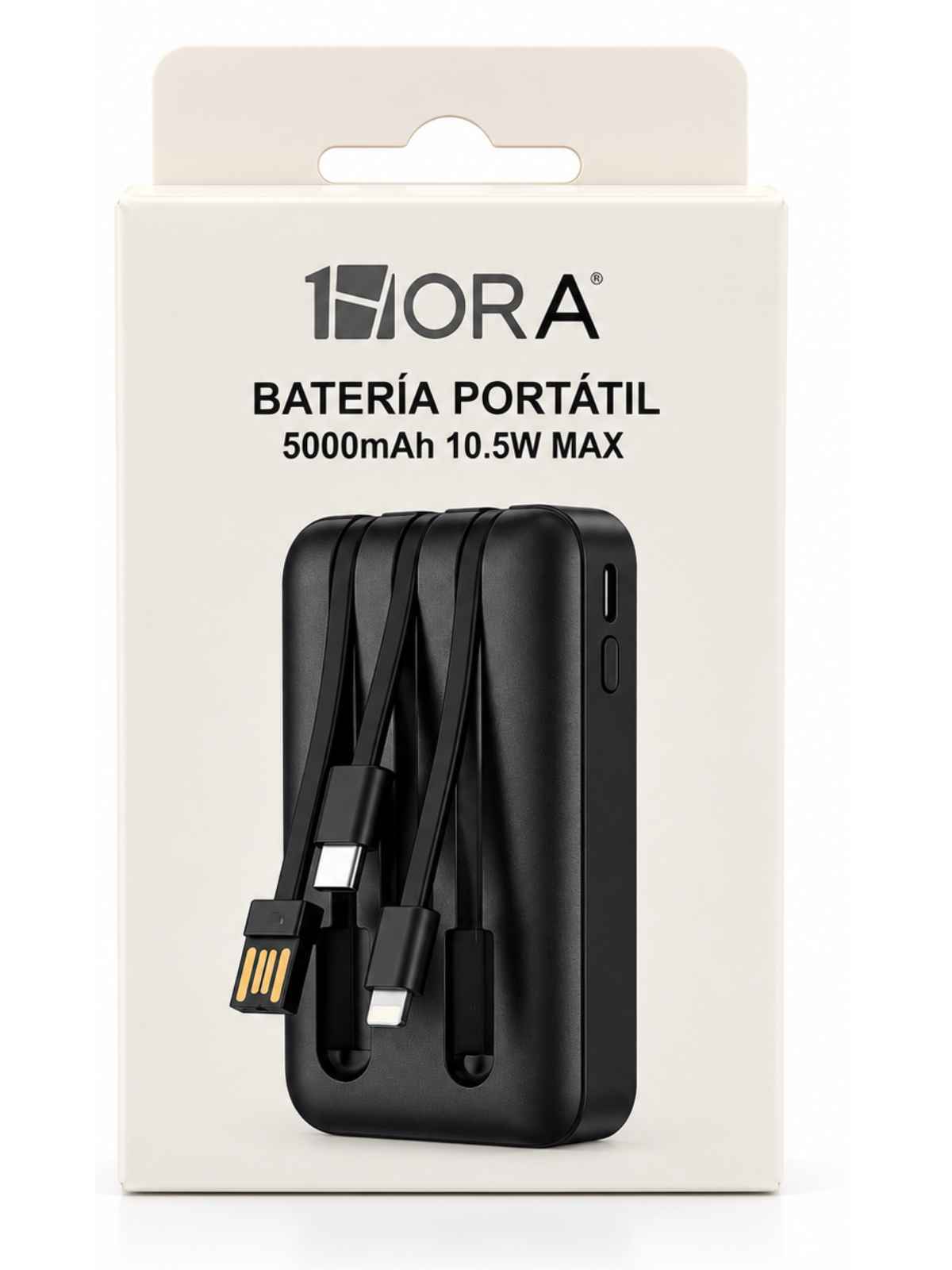 Batería Portátil Power Bank 1HORA 5000mAh 10.5W con Cables Integrados