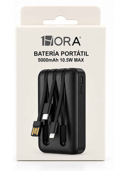 Batería Portátil Power Bank 1HORA 5000mAh 10.5W con Cables Integrados