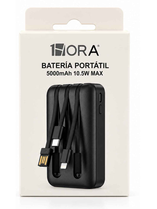Batería Portátil Power Bank 1HORA 5000mAh 10.5W con Cables Integrados