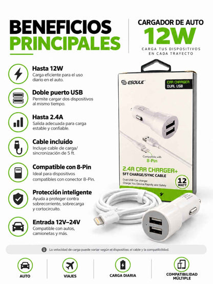 Cargador de Auto Esoulk 12W Doble USB con Cable 8-Pin de 5 ft