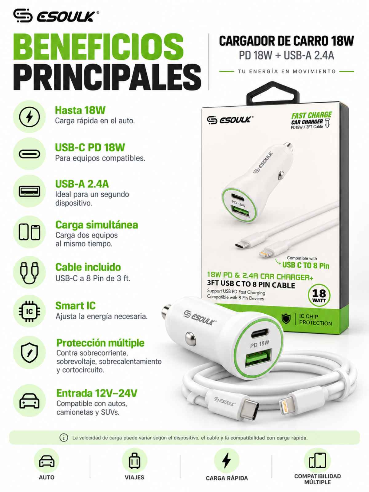 Cargador de Auto Esoulk 18W PD + USB-A 2.4A con Cable USB-C a Lightning