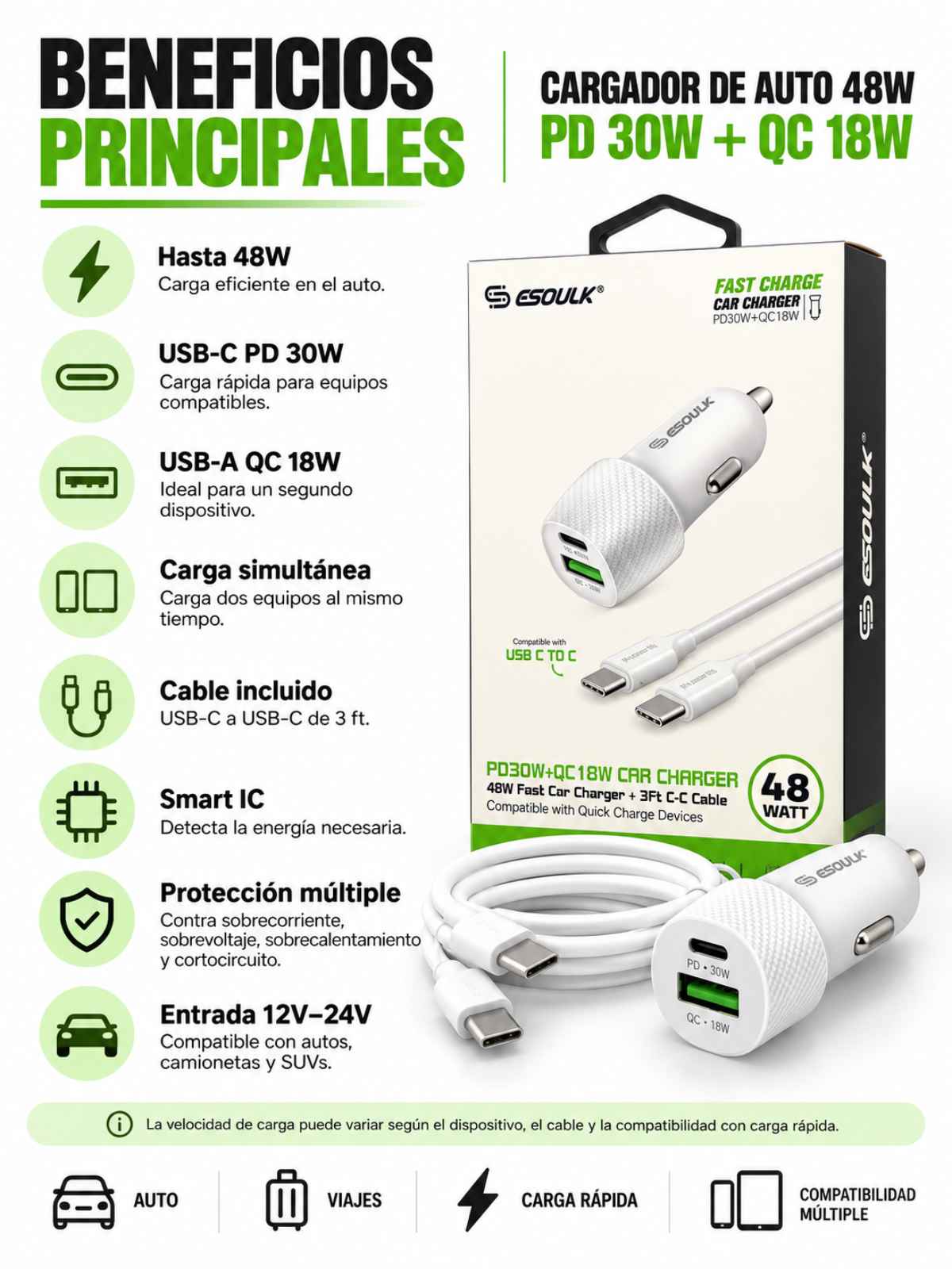 Cargador de Auto Esoulk 48W PD 30W + QC 18W con Cable USB-C a USB-C