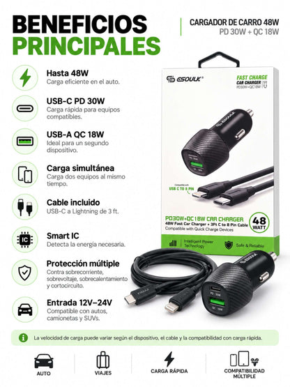 Cargador para Carro 48W USB-C a Lightning | Esoulk