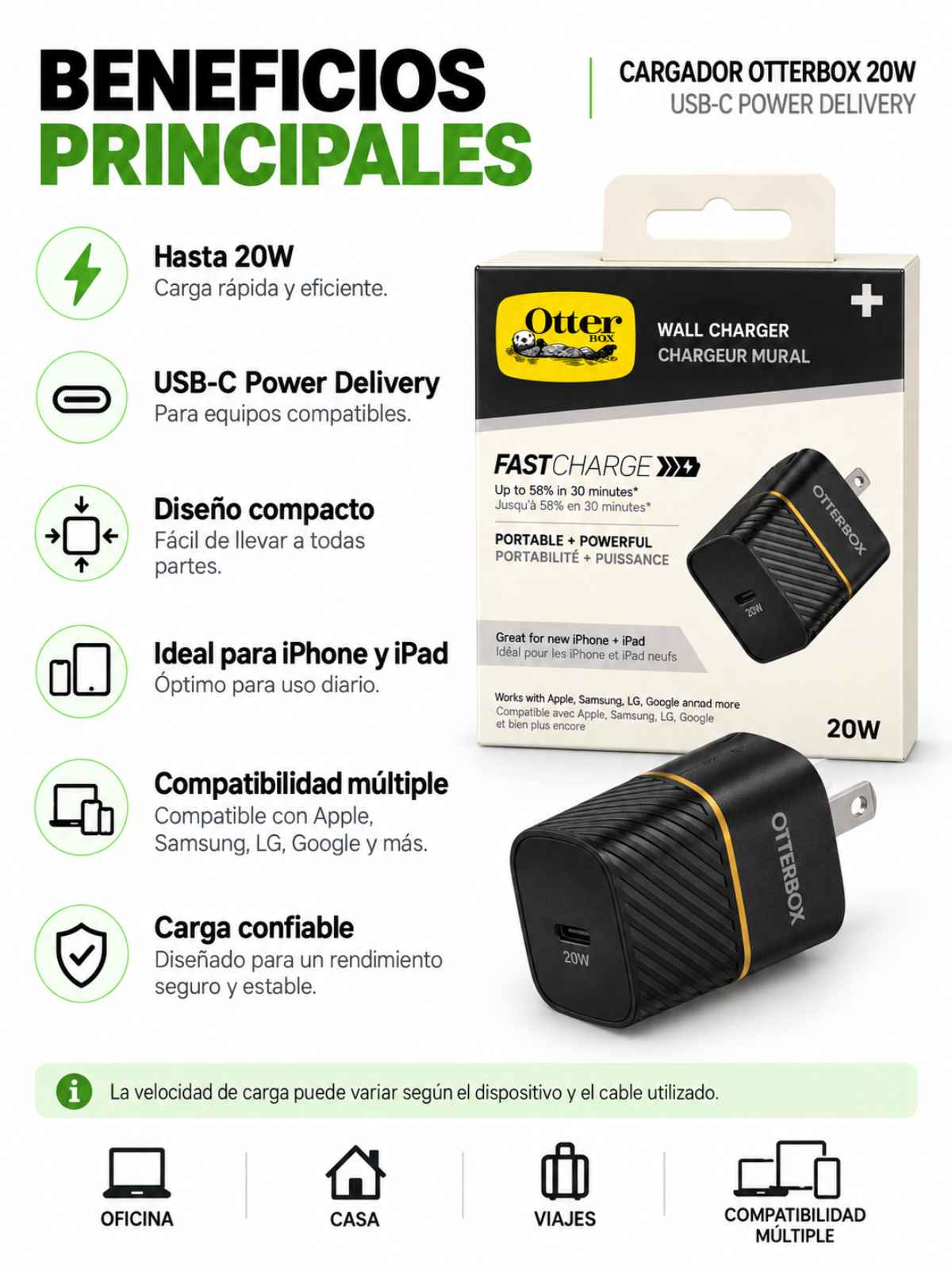 Cargador de Pared OtterBox Original 20W USB-C Carga Rápida