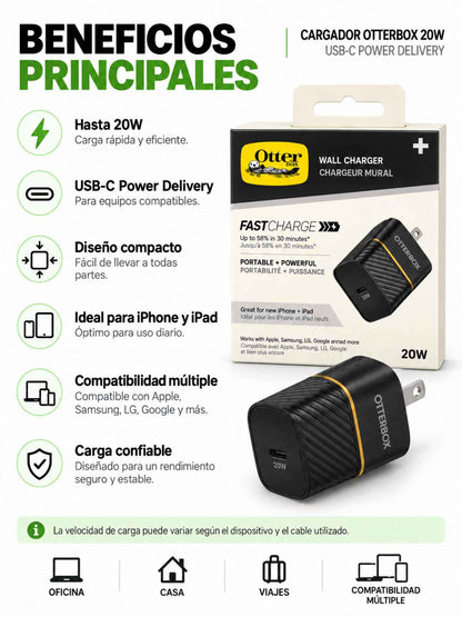 Cargador de Pared OtterBox Original 20W USB-C Carga Rápida