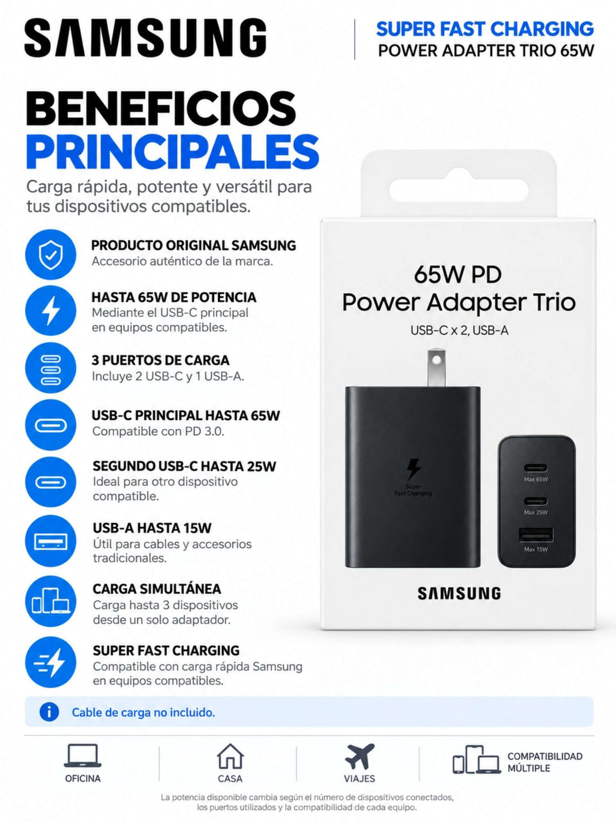 Cargador Original Samsung 65W Trio de 3 Puertos