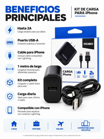 Kit de Carga MOBO para iPhone 2A USB-A con Cable Lightning de 1 m