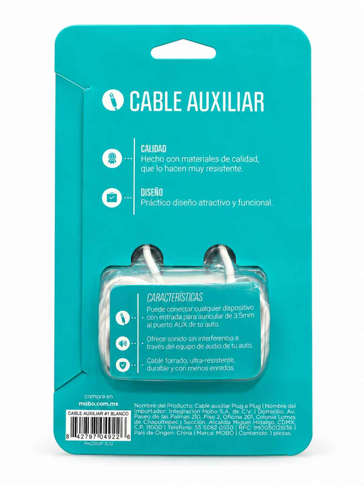 Cable Auxiliar MOBO 3.5 mm Plug a Plug – Blanco