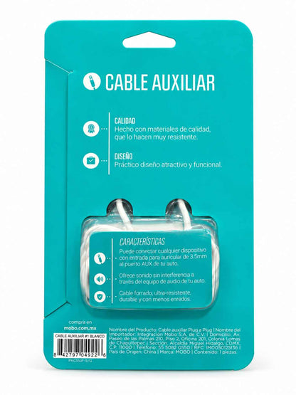 Cable Auxiliar MOBO 3.5 mm Plug a Plug – Blanco