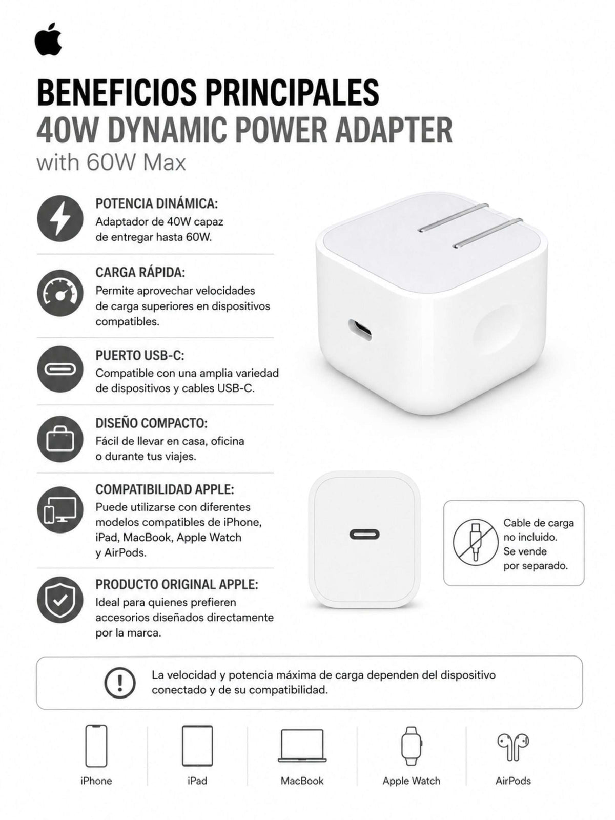 Adaptador de Corriente Dinámico Apple 40W (máx. 60W)