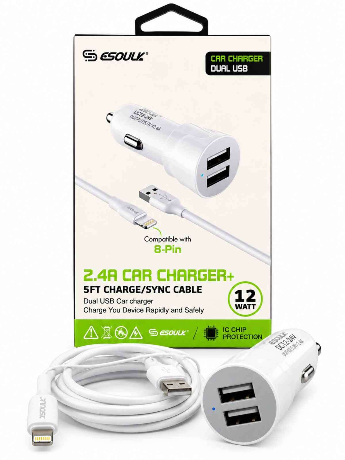 Cargador de Auto Esoulk 12W Doble USB con Cable 8-Pin de 5 ft