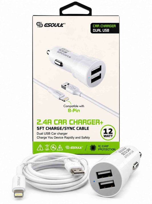 Cargador de Auto Esoulk 12W Doble USB con Cable 8-Pin de 5 ft