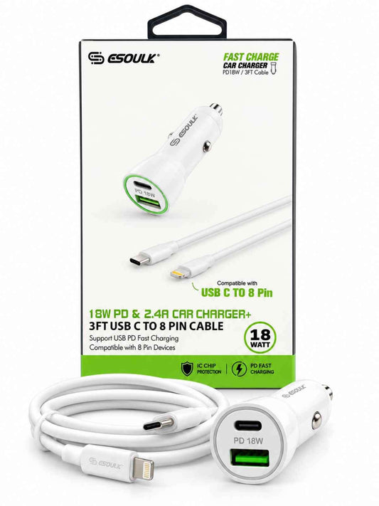 Cargador de Auto Esoulk 18W PD + USB-A 2.4A con Cable USB-C a Lightning