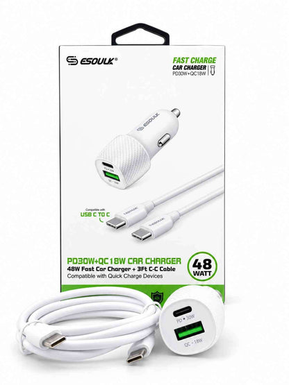 Cargador de Auto Esoulk 48W PD 30W + QC 18W con Cable USB-C a USB-C