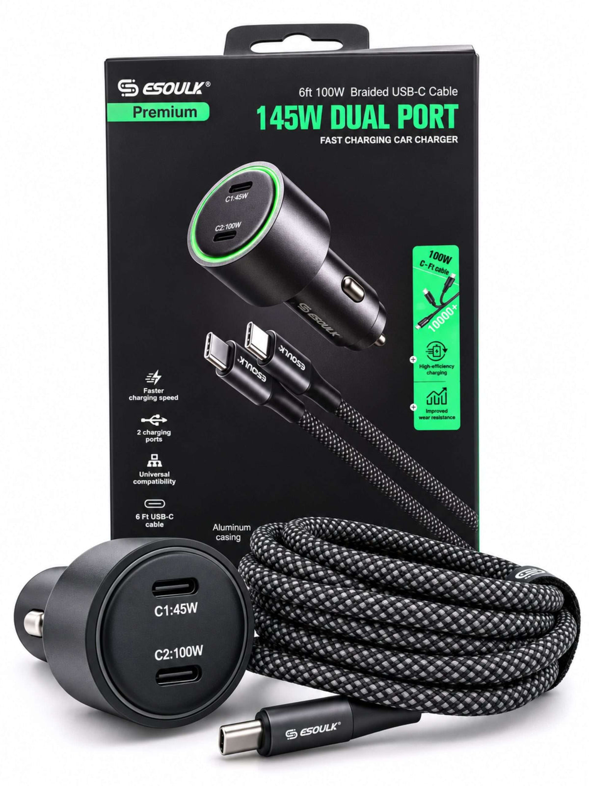 Cargador para Auto 145W Dual USB-C + Cable 100W | Esoulk