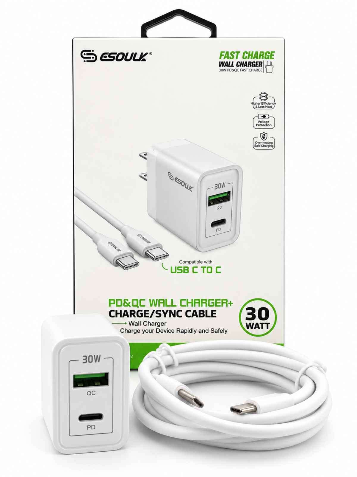 Cargador de Pared Esoulk 30W PD + QC con Cable USB-C a USB-C
