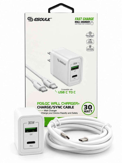 Cargador de Pared Esoulk 30W PD + QC con Cable USB-C a USB-C