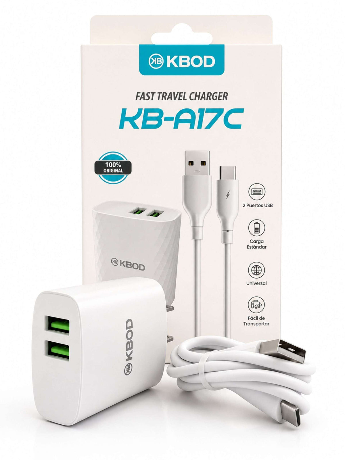 Cargador de Pared Doble USB 2.1A + Cable USB-C | KBOD