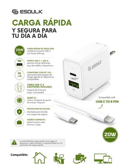 Cargador de Pared 20W PD + Cable USB-C a Lightning | Esoulk