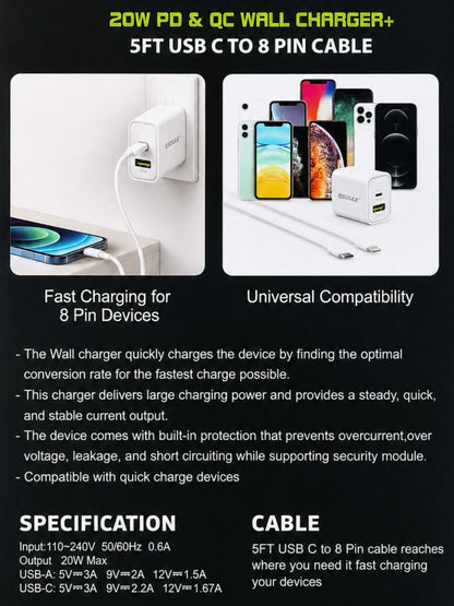 Cargador de Pared 20W PD + Cable USB-C a Lightning | Esoulk