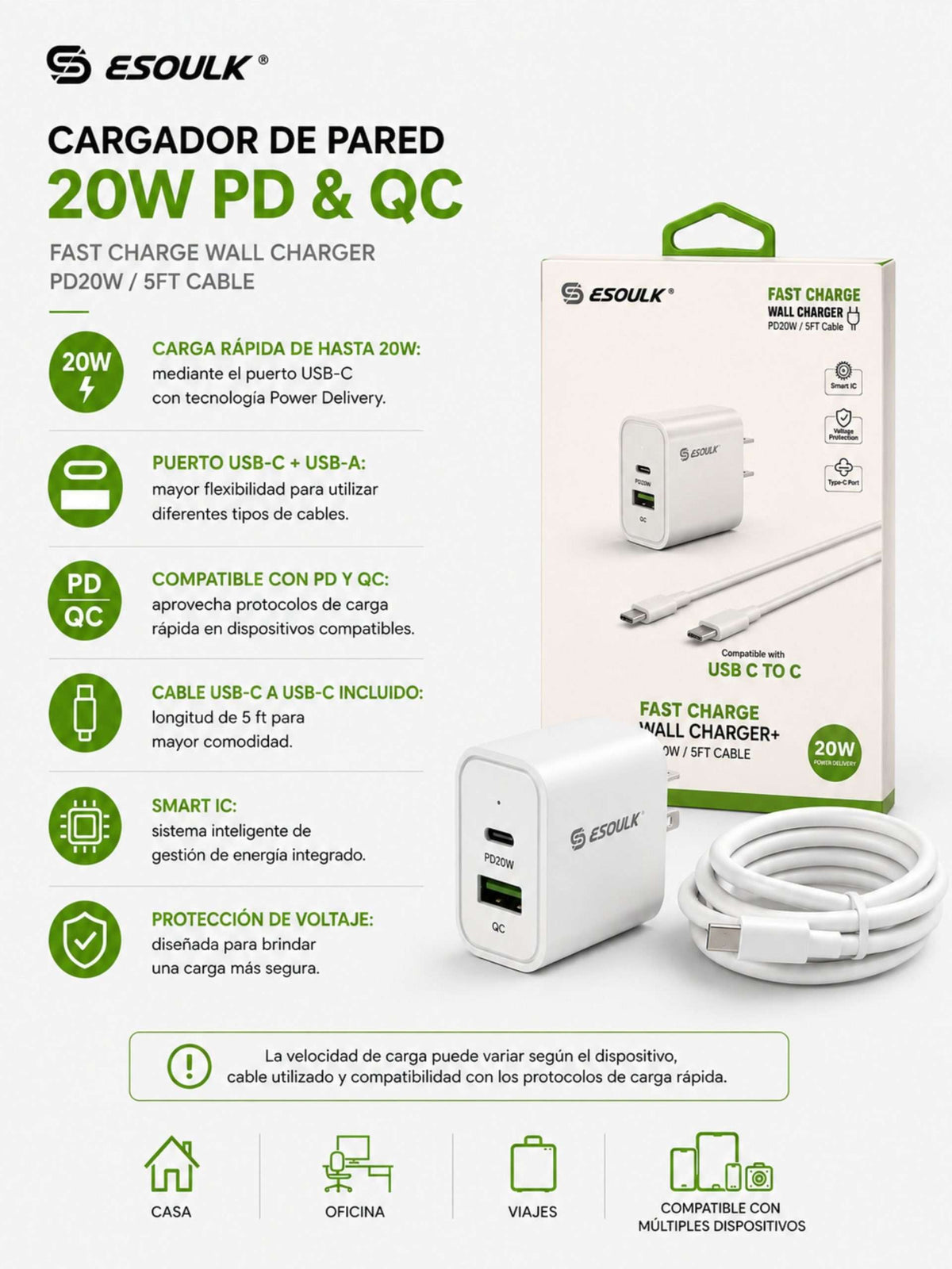 Cargador de Pared 20W PD + Cable USB-C a USB-C | Esoulk