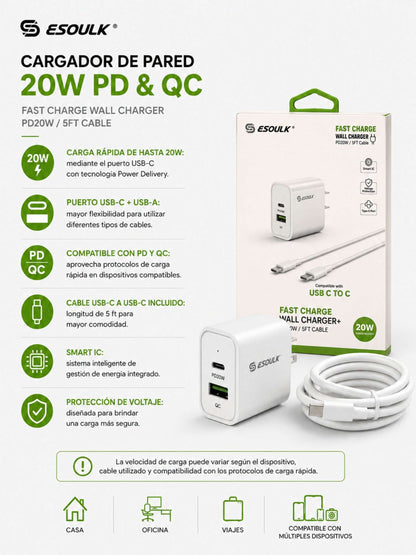 Cargador de Pared 20W PD + Cable USB-C a USB-C | Esoulk