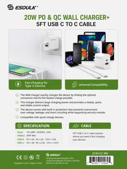 Cargador de Pared 20W PD + Cable USB-C a USB-C | Esoulk