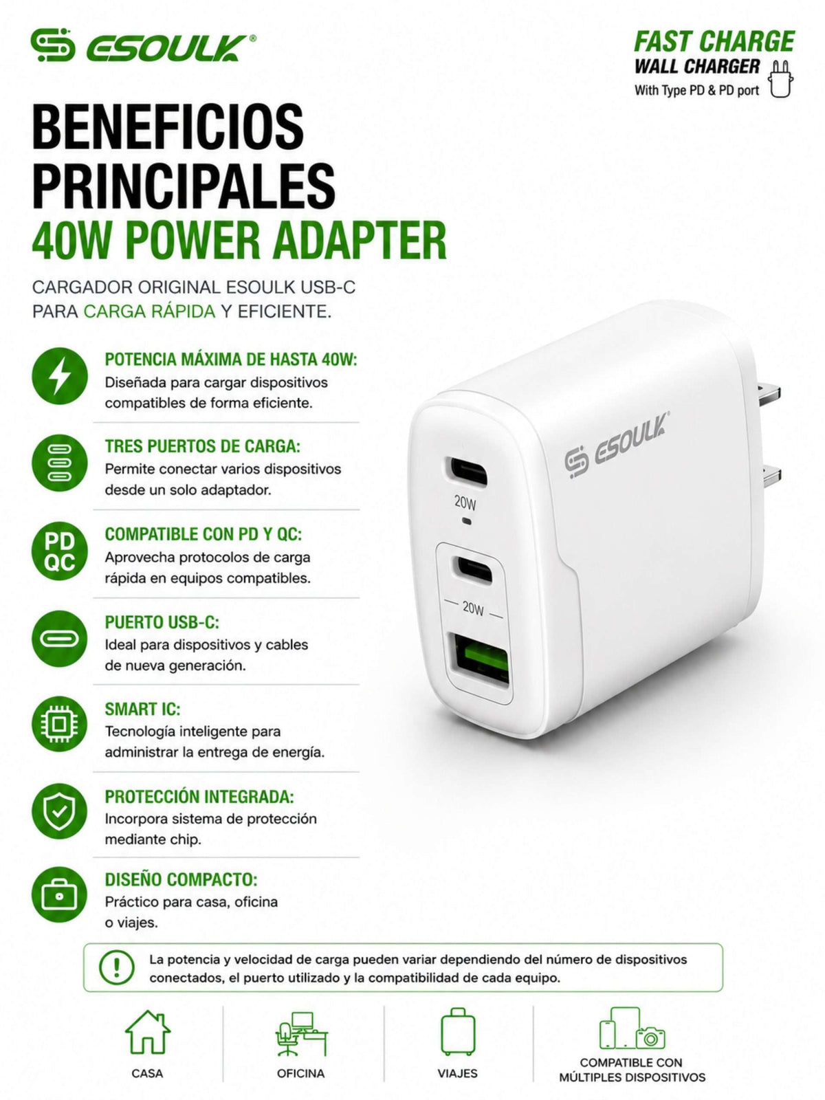 Cargador de Pared 40W PD/QC de 3 Puertos | Esoulk