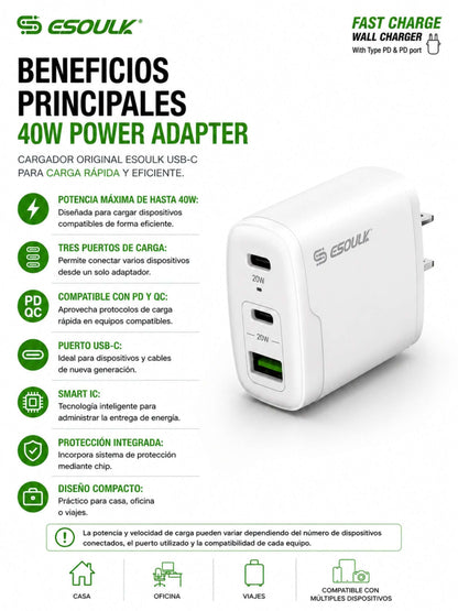 Cargador de Pared 40W PD/QC de 3 Puertos | Esoulk