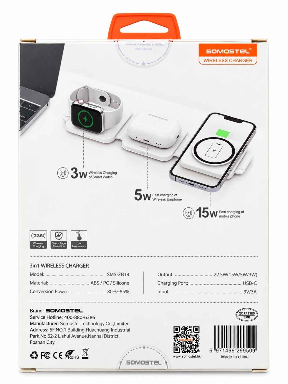 Cargador inalámbrico 3 en 1 SOMOSTEL 22.5W plegable