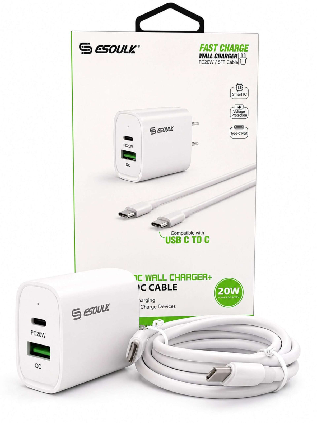 Cargador de Pared 20W PD + Cable USB-C a USB-C | Esoulk