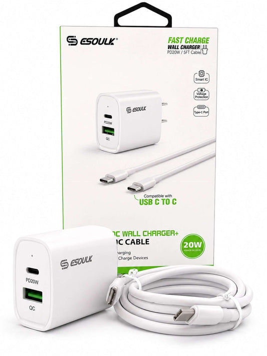Cargador de Pared 20W PD + Cable USB-C a USB-C | Esoulk