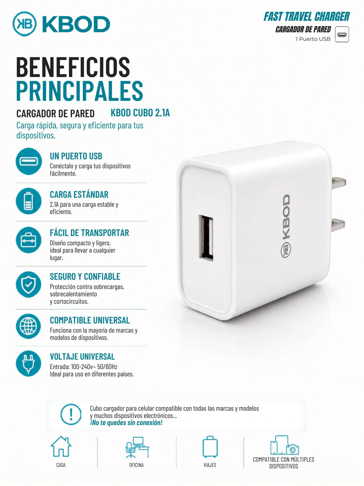 Cargador De Pared Kbod Cubo 2.1A