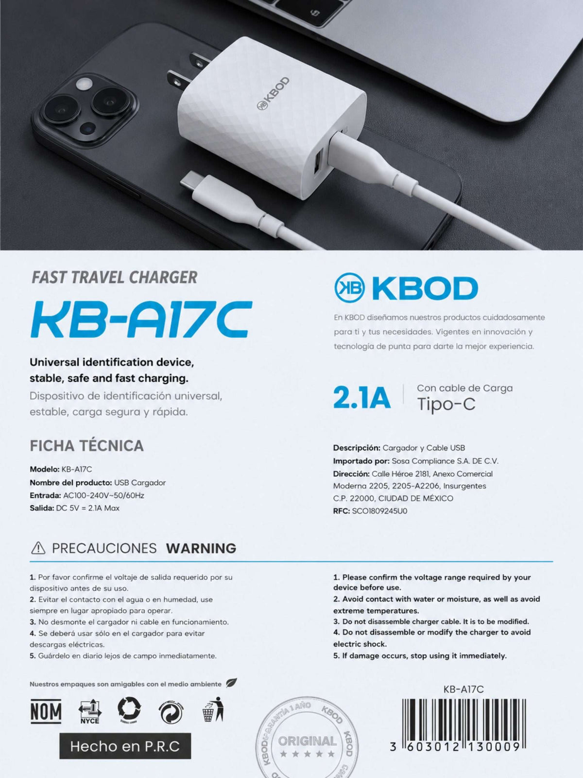 Cargador de Pared Doble USB 2.1A + Cable USB-C | KBOD