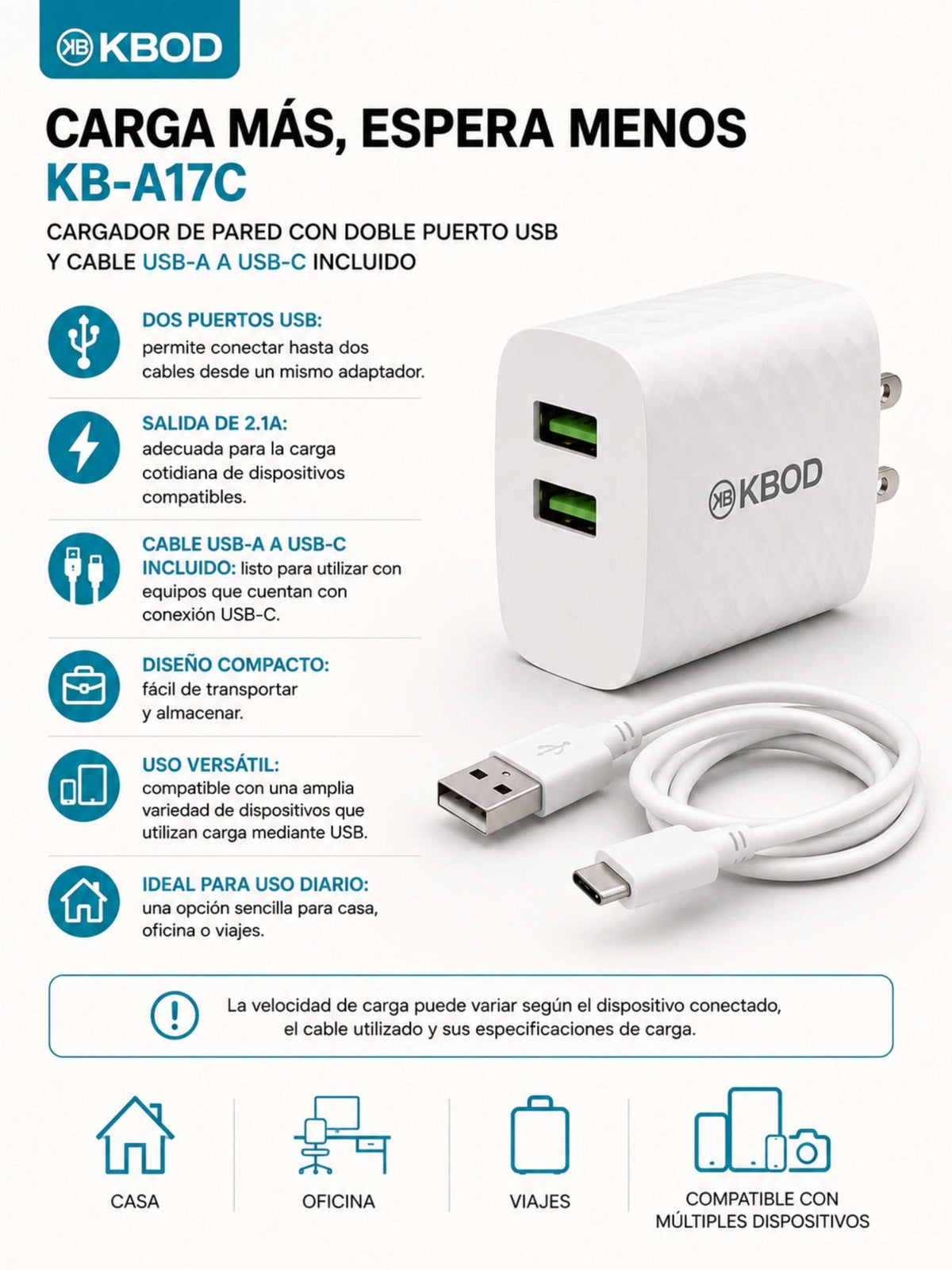 Cargador de Pared Doble USB 2.1A + Cable USB-C | KBOD